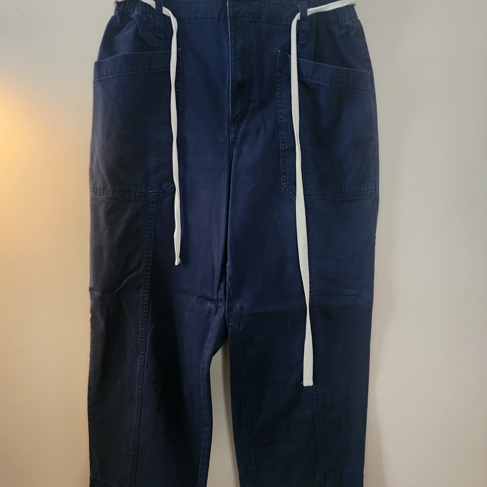 LOFT Women's Dark Blue Paper Bag Pants with White Drawstring
